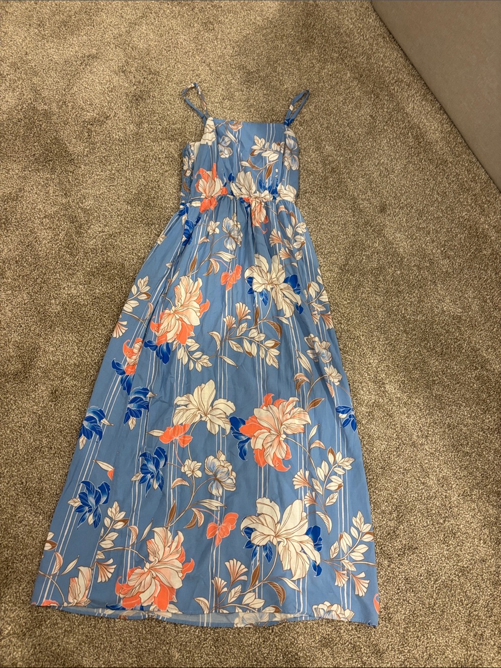 As U Wish Light Blue Floral Maxi Dress with Coral & Navy Accents